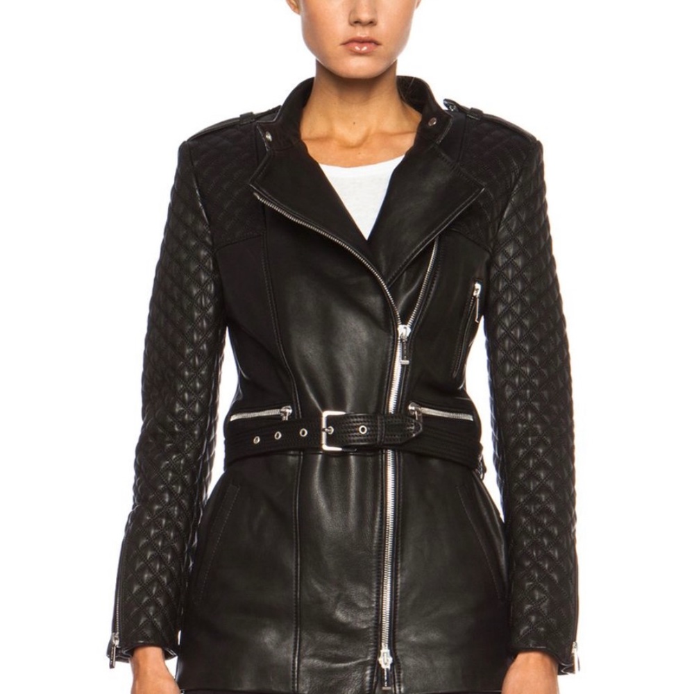 Barbara Bui Long Leather Biker Moto Jacket Black Size 40 US 6